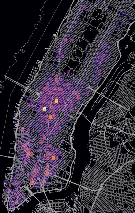 Restaurant Density Heatmap of Manhattan, NYC.